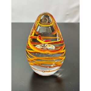 Vintage Hand Blown Art Glass Egg-Shaped Paper Weight Yellow Orange and Red Swirl